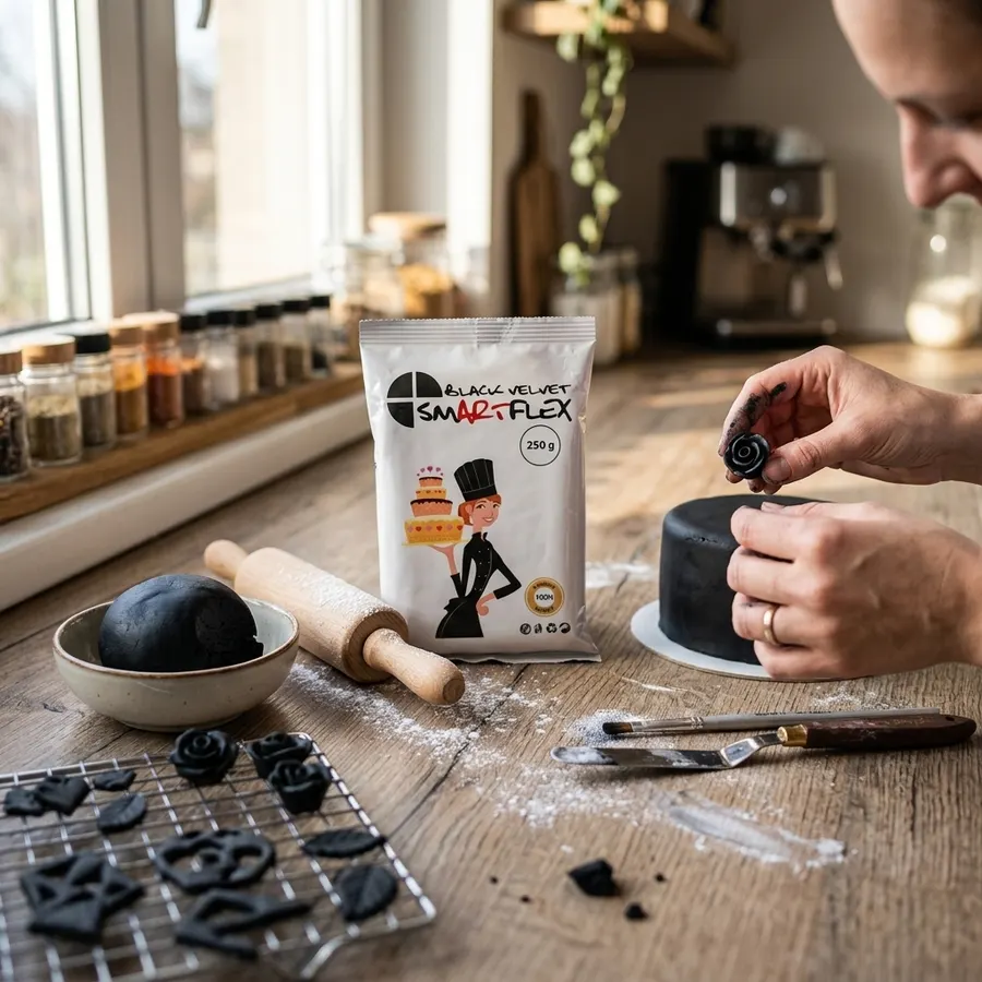 Balení černé potahovací hmoty Smartflex s vanilkovou příchutí