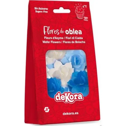 Modré a bílé oplatkové květy na dort Dekora