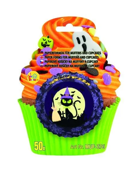 Halloweenské papírové košíčky na muffiny s černou kočkou