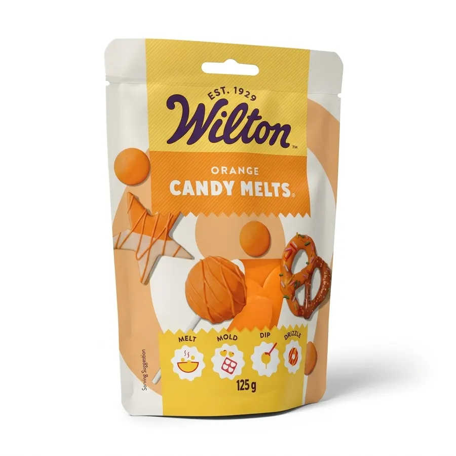 Oranžová cukrářská poleva Candy Melts Wilton v balení