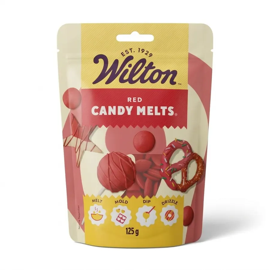 Červené pecičky cukrářské polevy Candy Melts Wilton