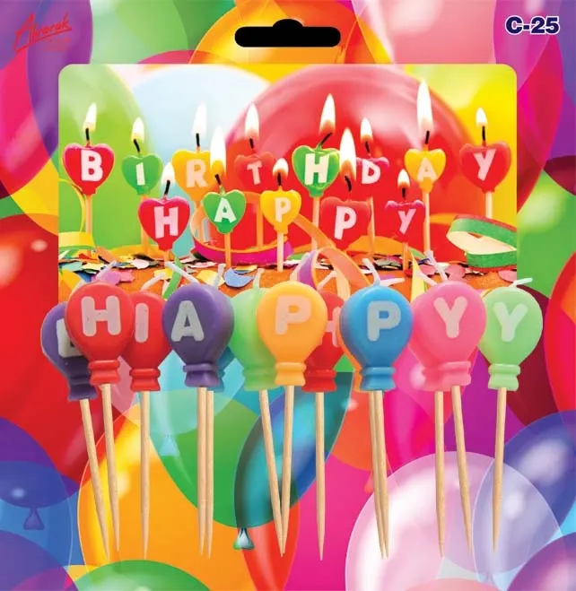 Barevné dortové svíčky na špejli s nápisem Happy Birthday
