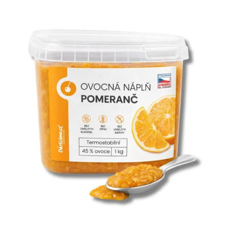 Balení pomerančové ovocné náplně s kousky ovoce