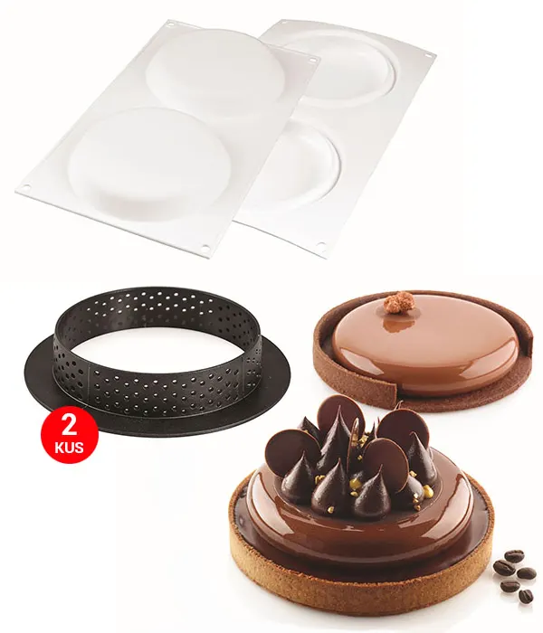 Dva perforované ráfky a silikonová forma Tarte Ring
