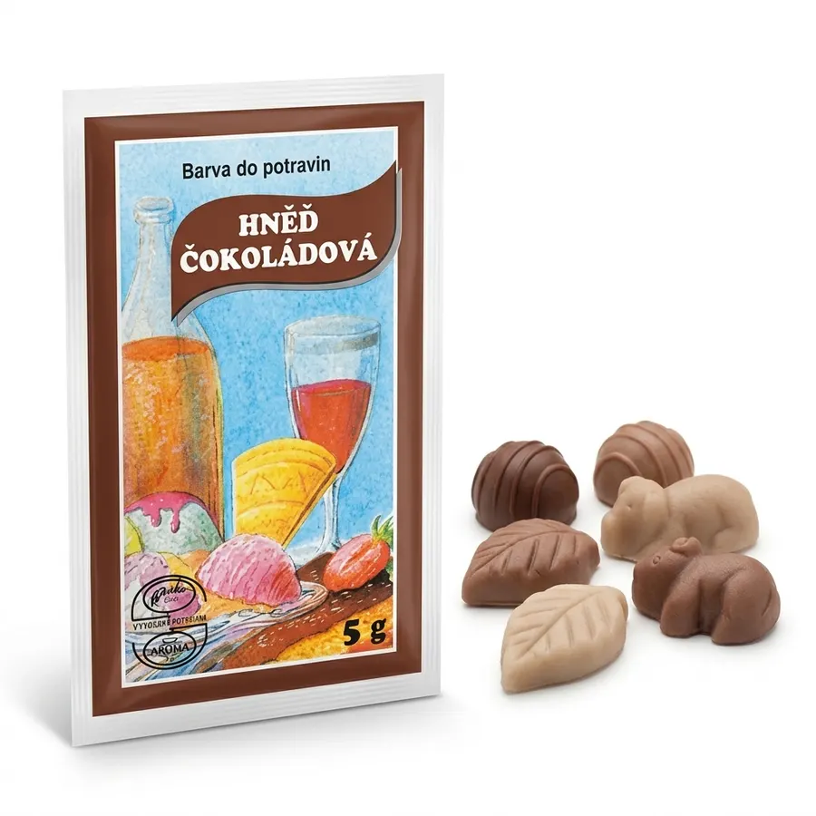 Sáček čokoládově hnědé práškové potravinářské barvy Aroco