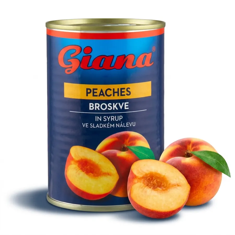 Plechovka s půlenými broskvemi GIANA ve sladkém nálevu