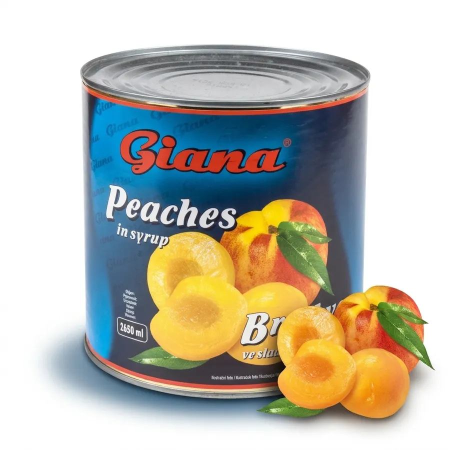 Plechovka půlených loupaných broskví v nálevu GIANA