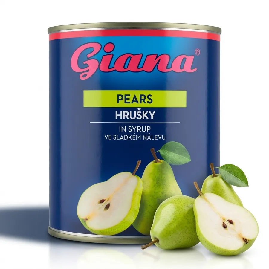 Plechovka loupaných půlených hrušek v nálevu Giana