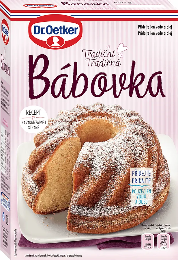 Balení sypké směsi na bábovku Dr. Oetker