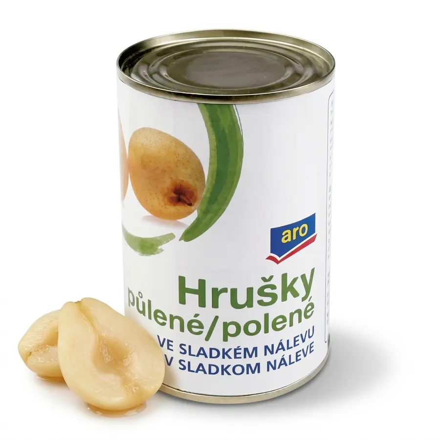 Plechovka kompotovaných půlených hrušek ARO